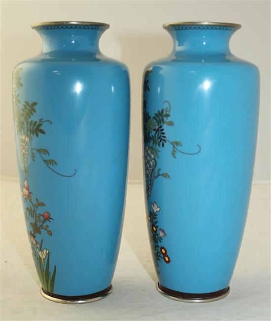 A pair of Japanese silver wire cloisonne enamel vases, early 20th century, 21cm